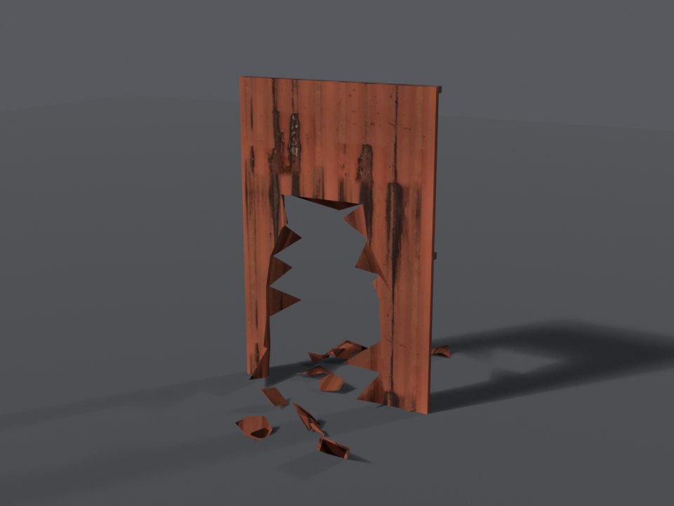 Rusted sheet-steel wall, breached