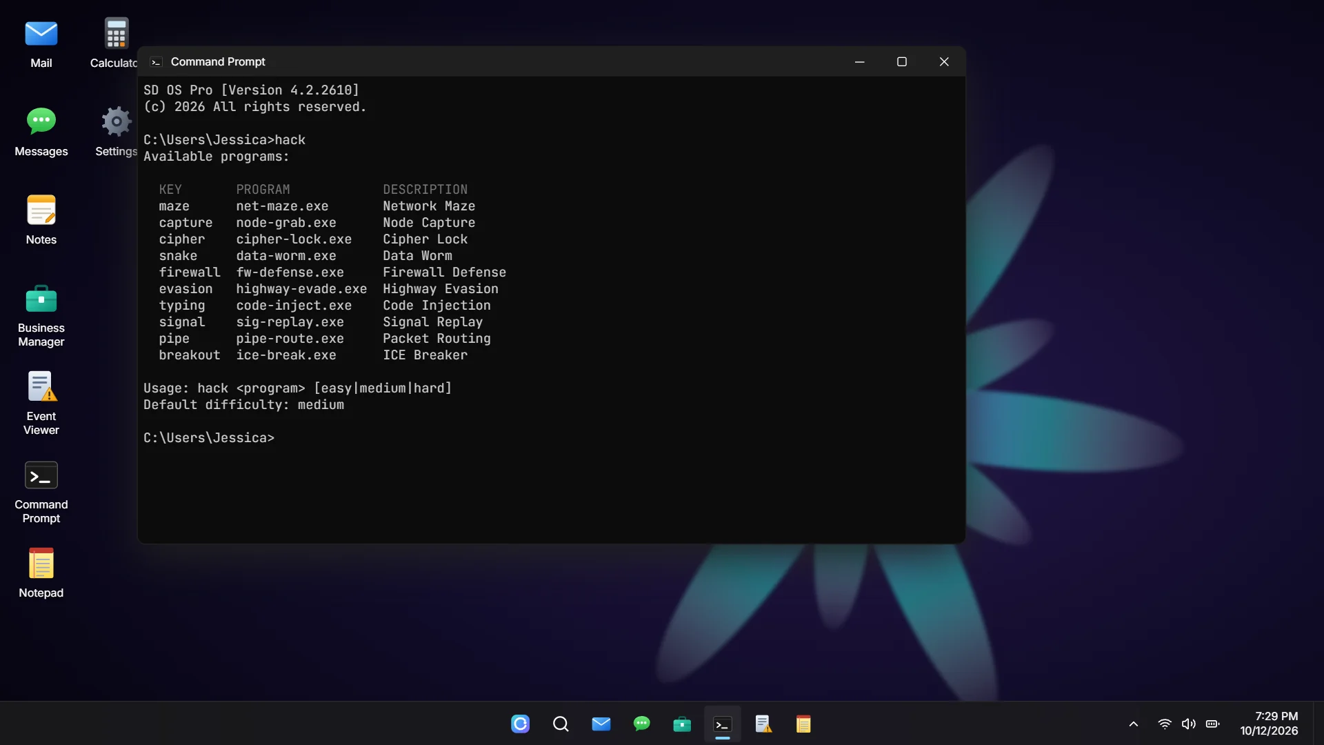 Command Prompt listing the hacking programs after typing hack