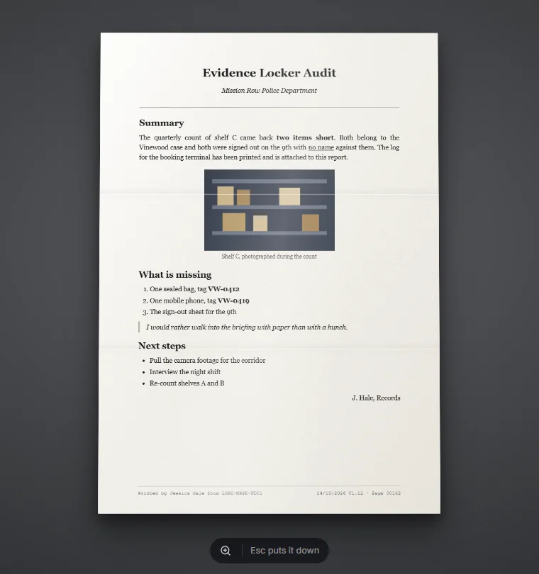 A printed document, held up to read